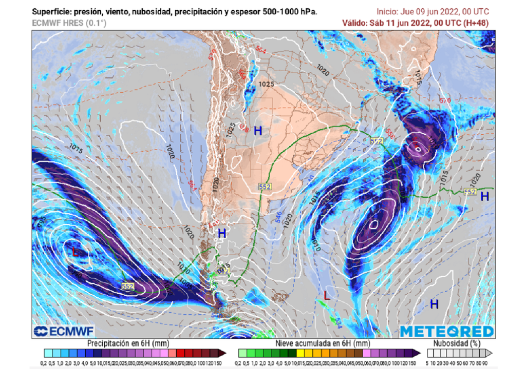 presión y precipitaciones previstas; modelo ECMWF presión y precipitaciones previstas; modelo ECMWF