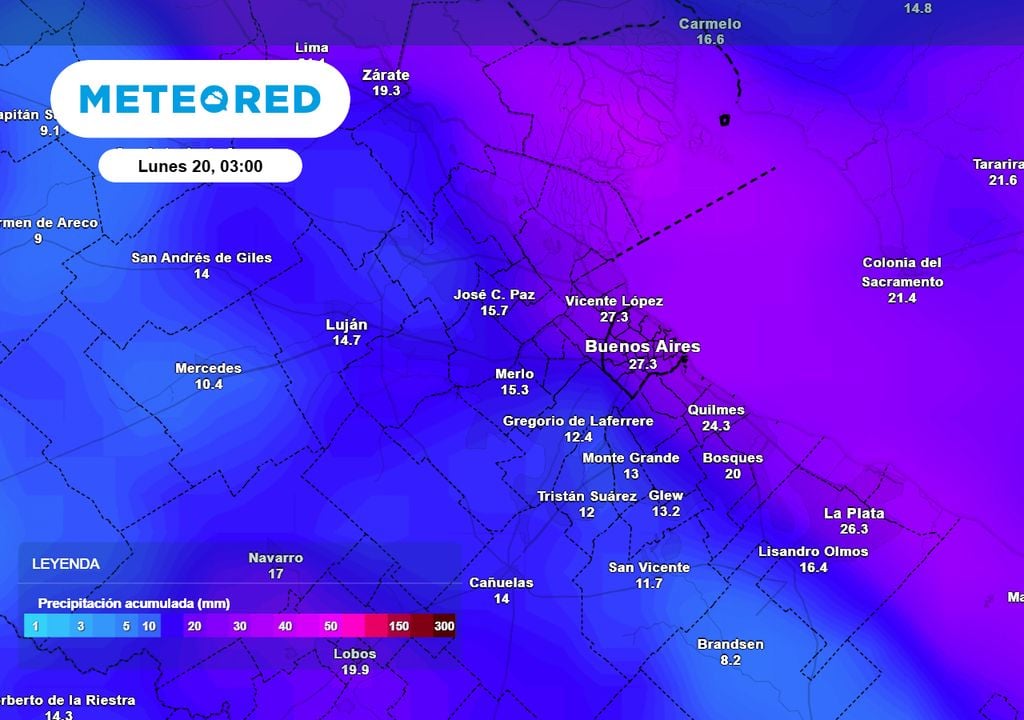 Amba lluvias Precipitación acumulada hasta la madrugada del lunes 20 en el AMBA