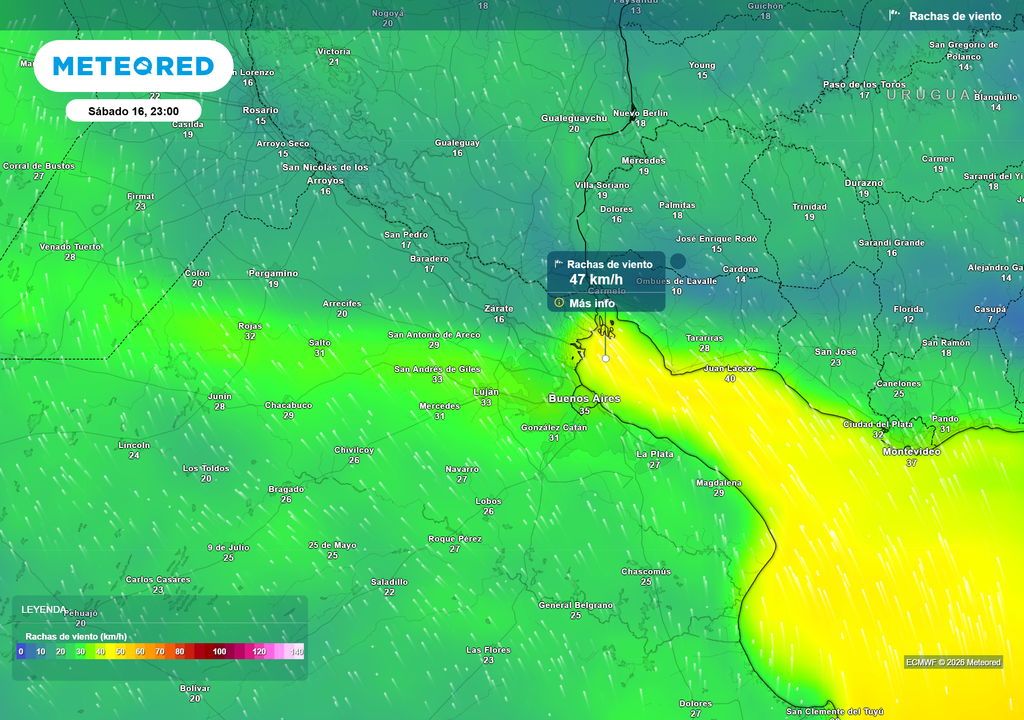 Ráfagas de viento para el sábado 16 de mayo a la noche, según el modelo ECMWF.