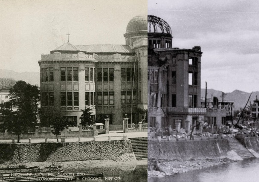 Antes y después del Antiguo Palacio Industrial, ahora nombrado como la Cúpula de la Bomba Atómica o el Monumento a la Paz de Hiroshima