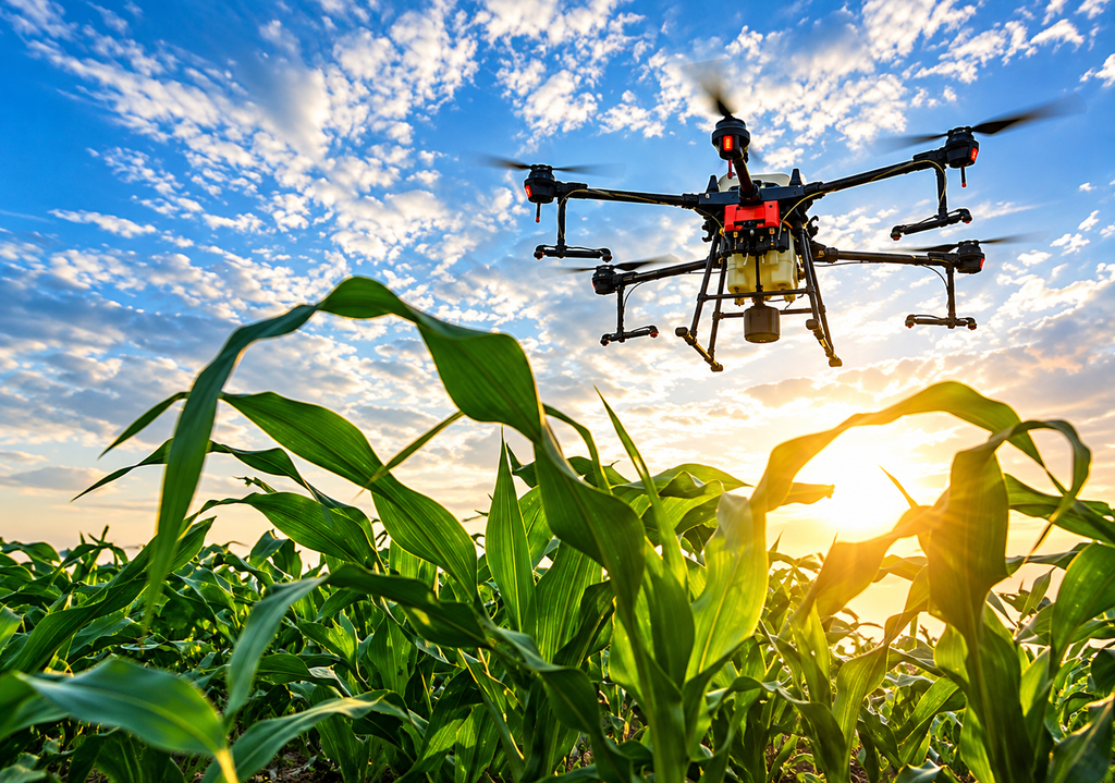Vuelo de drones para aplicaciones fitosanitarias o nutritivas en cultivo de maíz.