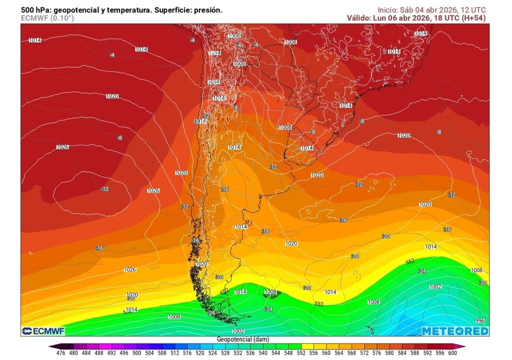 carta de geopotencial y temperatura en 500 hPa Entre el domingo y lunes estará transitando por el territorio nacional para baja segregada, que dejará un ambiente más fresco en la zona central.