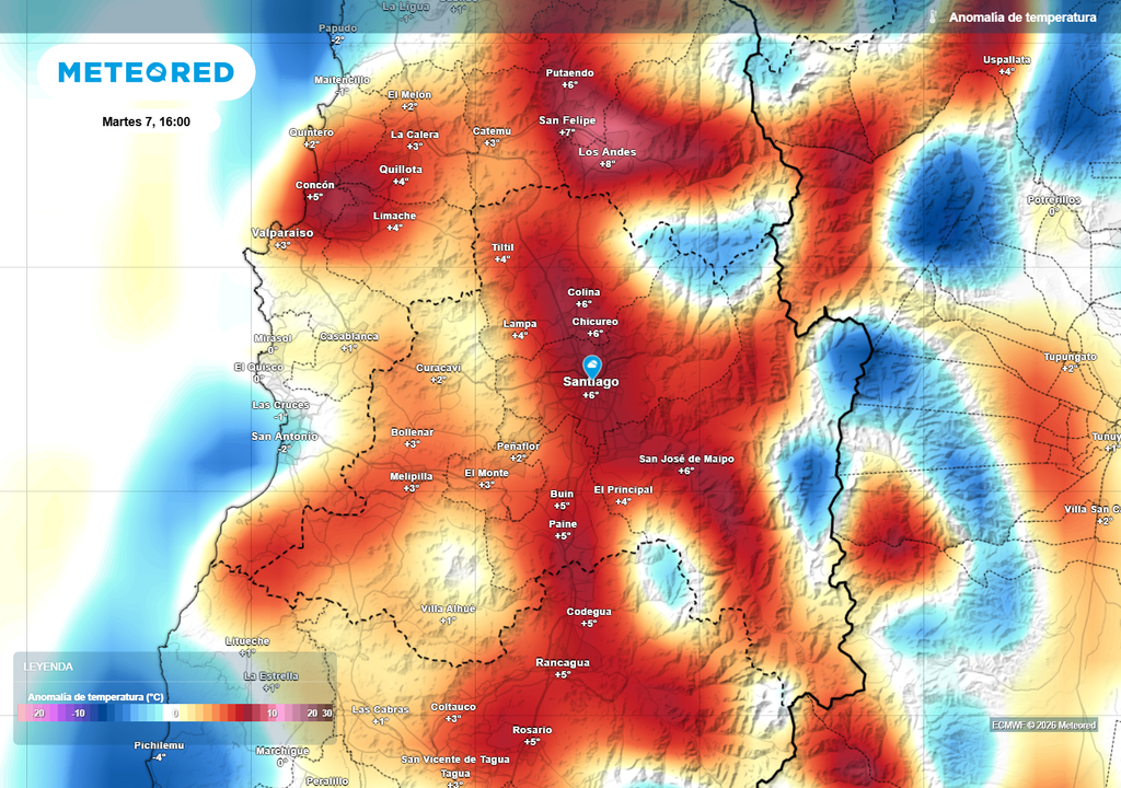 mapa de anomalía de temperatura El martes volverán a ascender los termómetros, con marcas que podrían alcanzar, e incluso superar, los 30 grados.