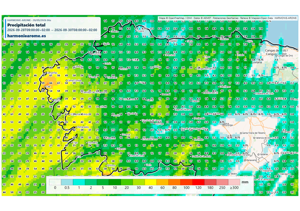 El modelo Harmonie muestra acumulados significativos en el oeste de Galicia por el frente que se verá reforzado por el río atmosférico. Fuente: Harmoniearome.es