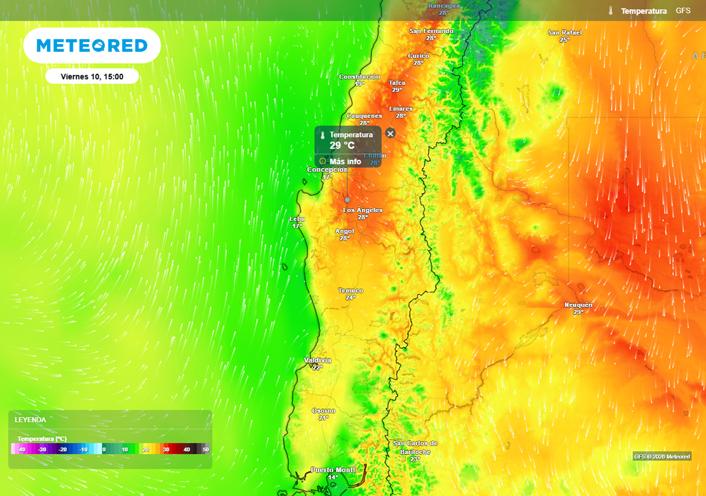 Temperatura máxima (°C) para el viernes 10 de abril 2026 en la zona centro-sur de Chile.