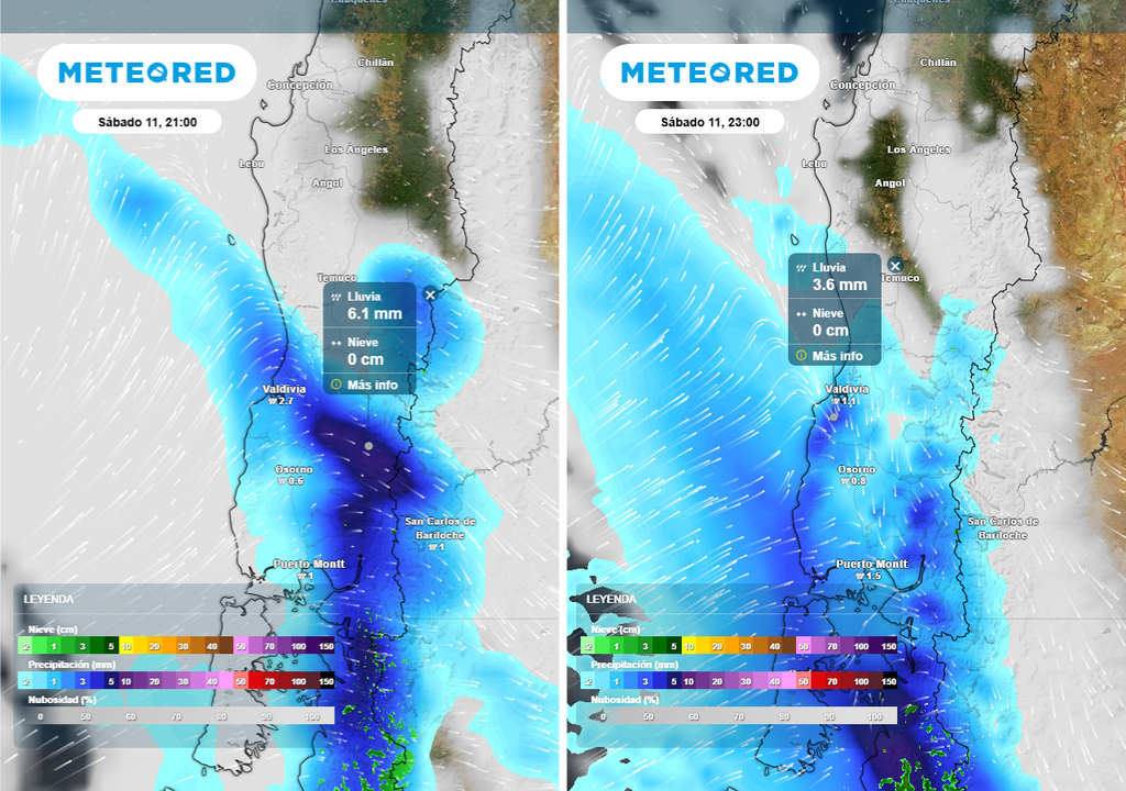 Precipitación (mm) para la noche del sábado 11 de abril 2026. Modelo GFS (imagen izquierda) y del ECMWF (imagen derecha).