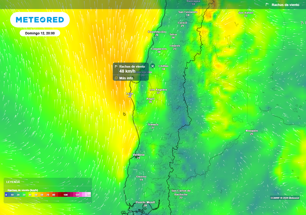 Rachas de viento (km/h) para la noche del domingo 12 de abril 2026 en la zona centro-sur de Chile.