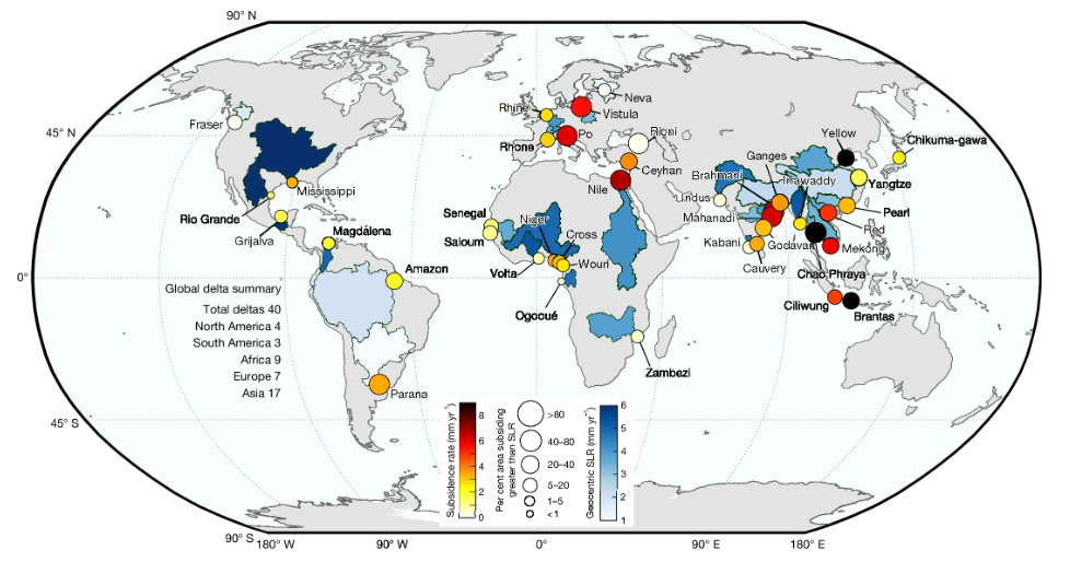 Cada círculo representa la ubicación de los 40 deltas evaluados en este estudio, codificados por color según la tasa promedio de subsidencia del terreno. El tamaño del círculo representa el porcentaje del área del delta que se hunde más rápido que el aumento del nivel del mar geocéntrico. Para fines de visualización, la tasa del aumento del nivel del mar geocéntrico se muestra como un gradiente de color sobre cuencas hidrográficas completas, aunque esto no representa el alcance real de la exposición. Las líneas costeras globales se basan en datos de dominio público del Banco Mundial de Datos II de la CIA (utilizando GSHHG (Base de Datos Geográfica Global Autoconsistente, Jerárquica y de Alta Resolución)), distribuidos con MATLAB. Los polígonos de la cuenca del delta se obtuvieron junto con el conjunto de datos de flujo de sedimentos. Fuente: Leonard Ohenhen, Nature (2026). DOI: 10.1038/s41586-025-09928-6