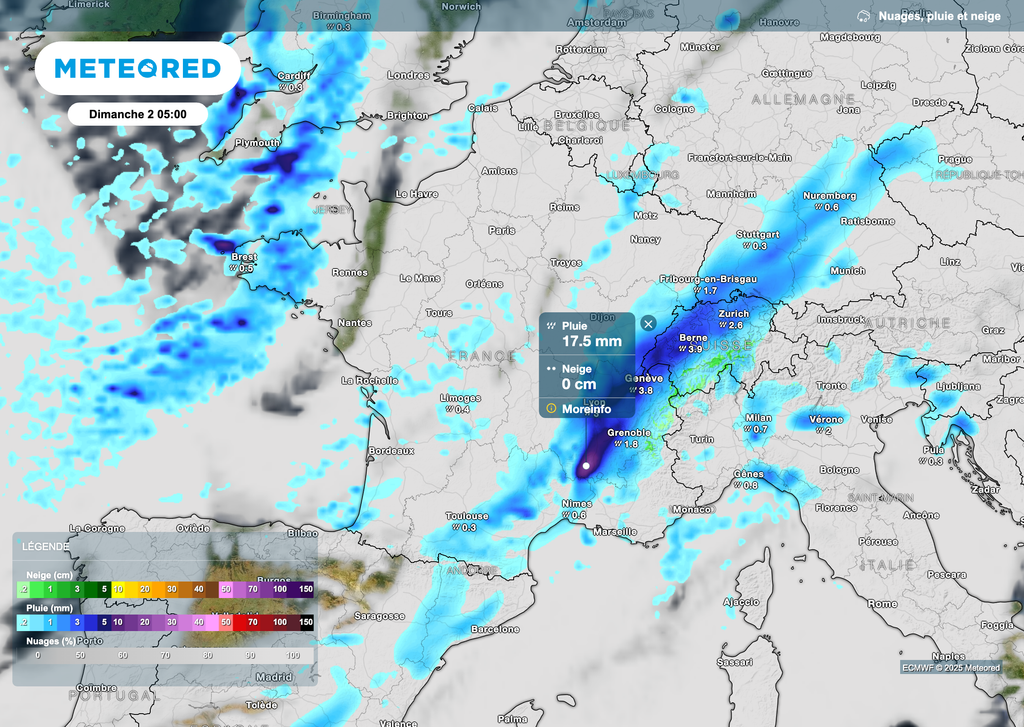 Un épisode pluvieux parfois marqsué dans le sud-est en cours de nuit de samedi à dimanche et en matinée de dimanche.
