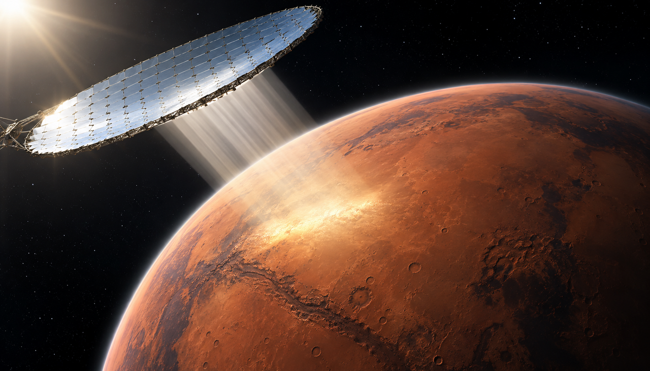 Um den Mars auf die richtige Temperatur zu erwärmen, würde ein gewaltiger Spiegel benötigt werden – und zwar mit einer Fläche von 8000 mal 8000 Kilometern. Bild: KI-generiert