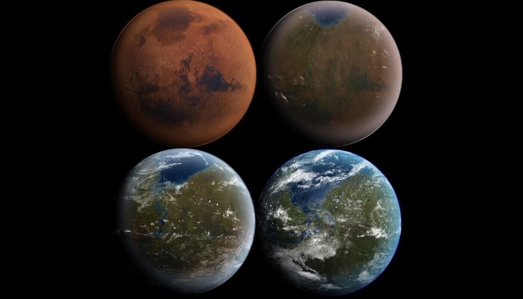 Künstlerische Darstellung des Terraformings auf dem Mars. Man sieht, wie sich langsam Wasser absetzt, wie sich Meere bilden und Vegetation entsteht. Bild: Wikimedia Commons/Daein Ballard