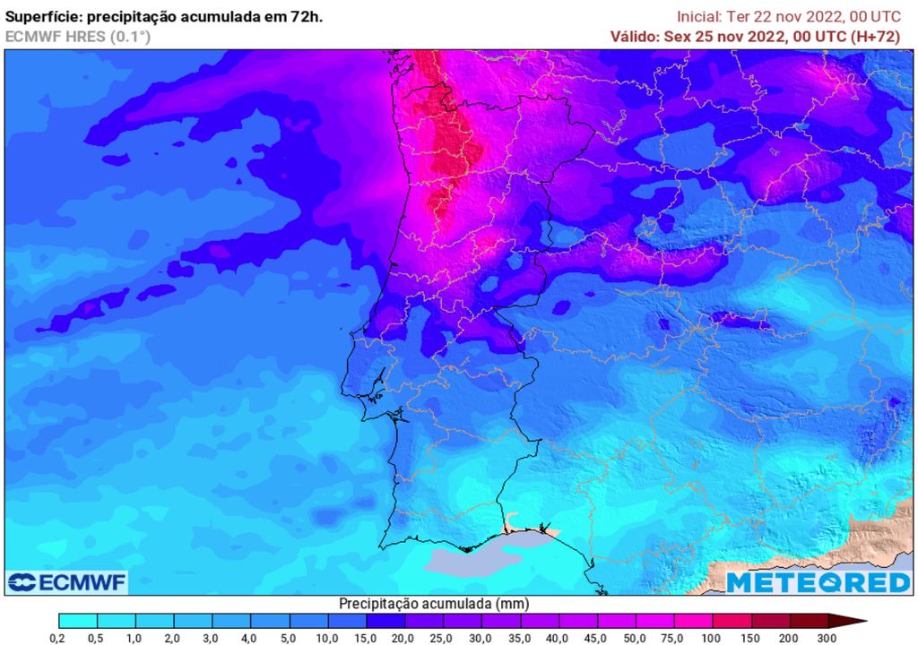 Mapa previsión precipitación acumulación ecmwf Portugal