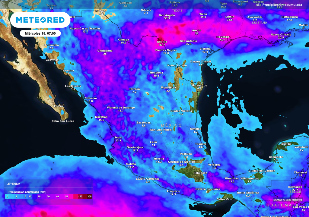 Intensas tormentas y lluvias se prevén para el norte y occidente con 70 mm o más, mientras disminuyen en el centro, oriente y sureste con más periodos de Sol.