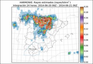 Densidad de rayos previstos por el modelo HARMONIE de AEMET