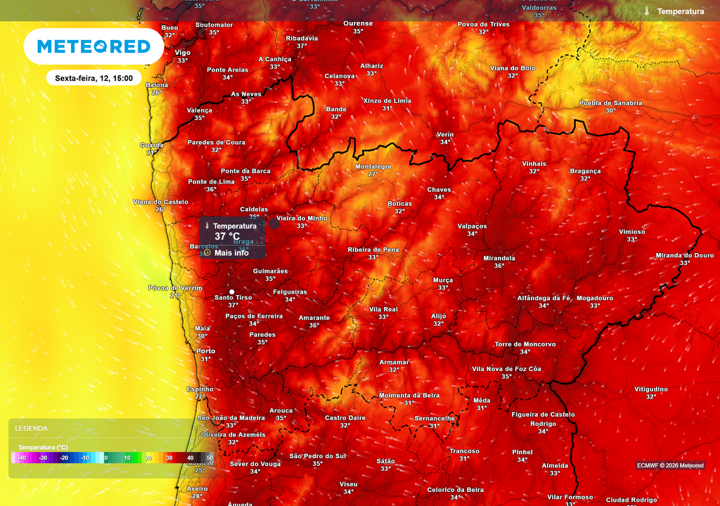 temperatura do ar à superfície Para amanhã, sexta-feira, esperam-se valores elevados em toda a região Norte. Entre as 12h e as 13h, o litoral poderá registar valores até 33 ºC (na cidade do Porto), e pelas 16h algumas cidades a oeste da Barreira de Condensação podem chegar aos 37 ºC.