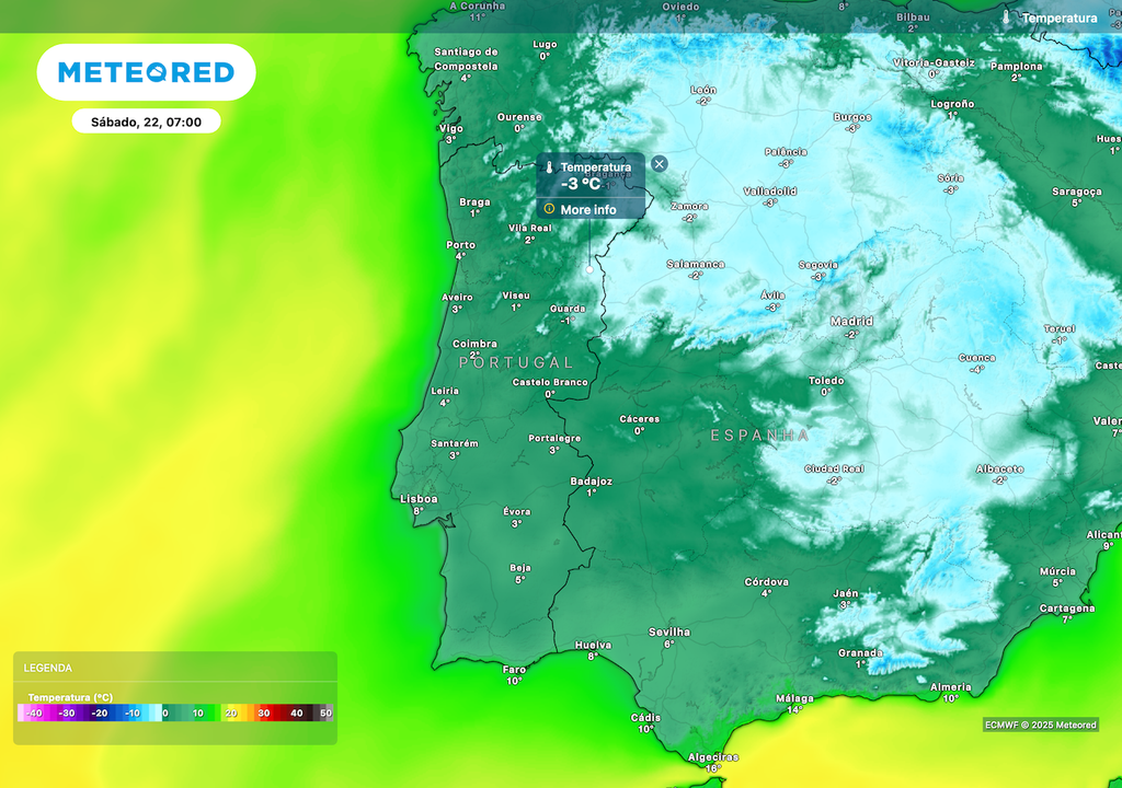 Temperaturas abaixo de 0 ºC em algumas áreas do interior Norte e Centro.