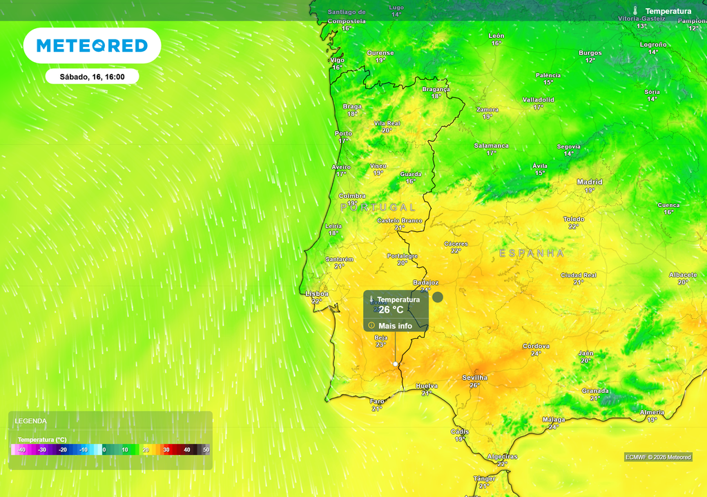 O mapa detalha os valores previstos para este sábado, 16 de maio, às 16:00, evidenciando o contraste entre as diferentes regiões. O grande destaque vai para o interior do Alentejo, com Mértola a registar 26 °C. Em contrapartida, as regiões do Norte e a faixa litoral vão apresentar um ambiente mais fresco.