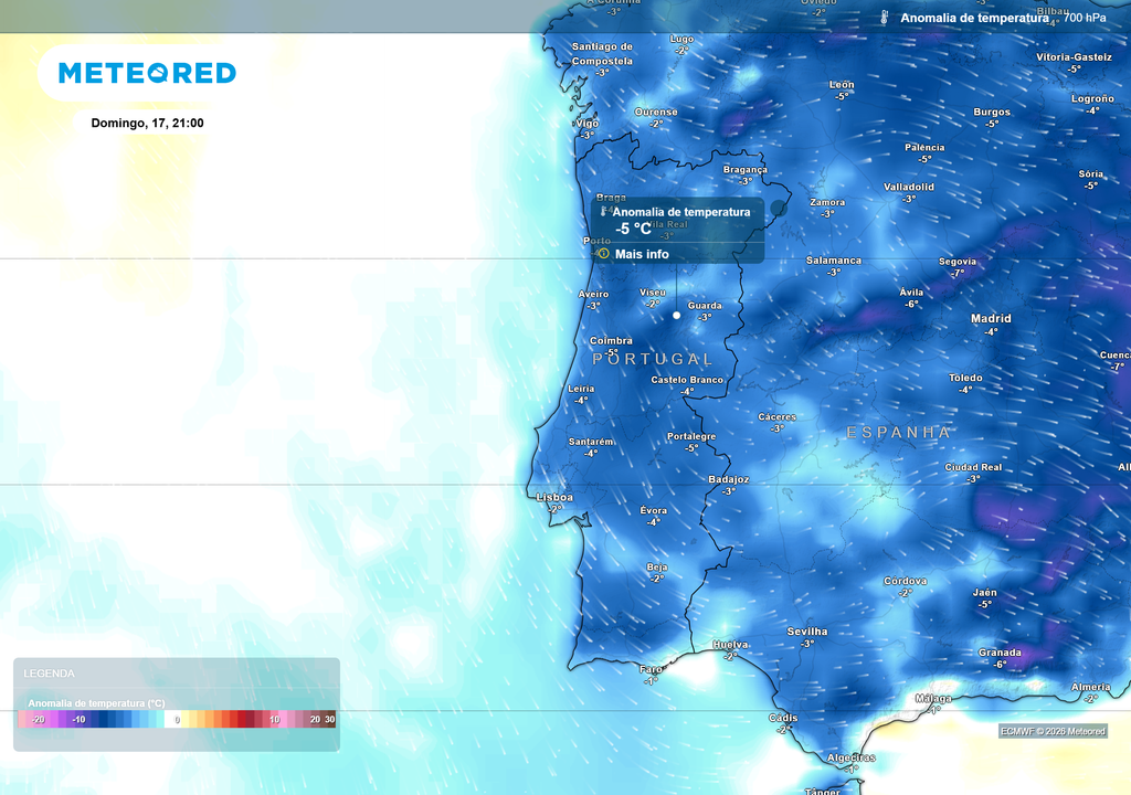 No domingo, a persistência de ar mais frio mantém as temperaturas abaixo do normal para a época, com anomalias negativas entre 2 e 5 ºC em grande parte do país.