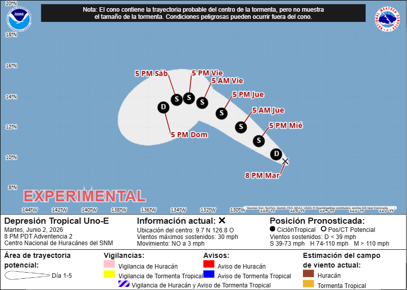 Trayectoria y cono de incertidumbre de 1E. NHC