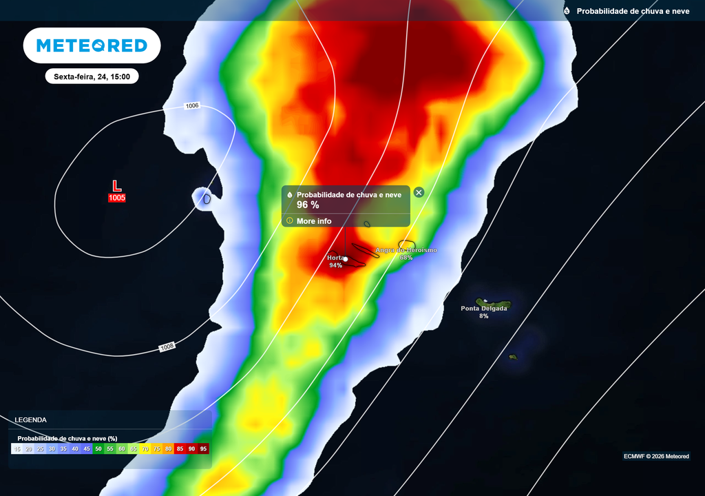 Uma depressão irá condicionar o estado de tempo no arquipélago dos Açores nos próximos dias, resultando na ocorrência de chuva, por vezes forte.