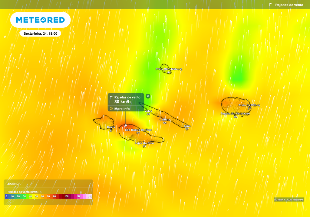 O Grupo Central poderá registar as rajadas de vento mais fortes, com valores na ordem dos 80 km/h, ao final da tarde de sexta-feira.