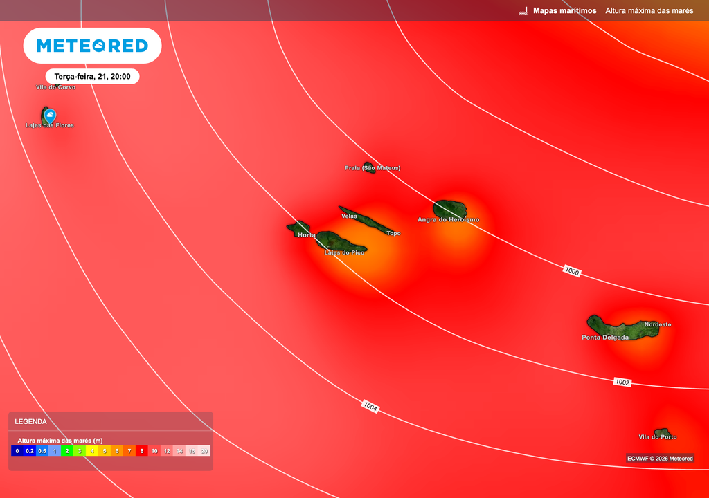 Mapa da agitação marítima prevista para terça-feira ao final do dia, com ondulação muito elevada em todo o arquipélago. As ondas poderão atingir 6 a 8 metros, localmente 9 a 10 metros no grupo Ocidental.