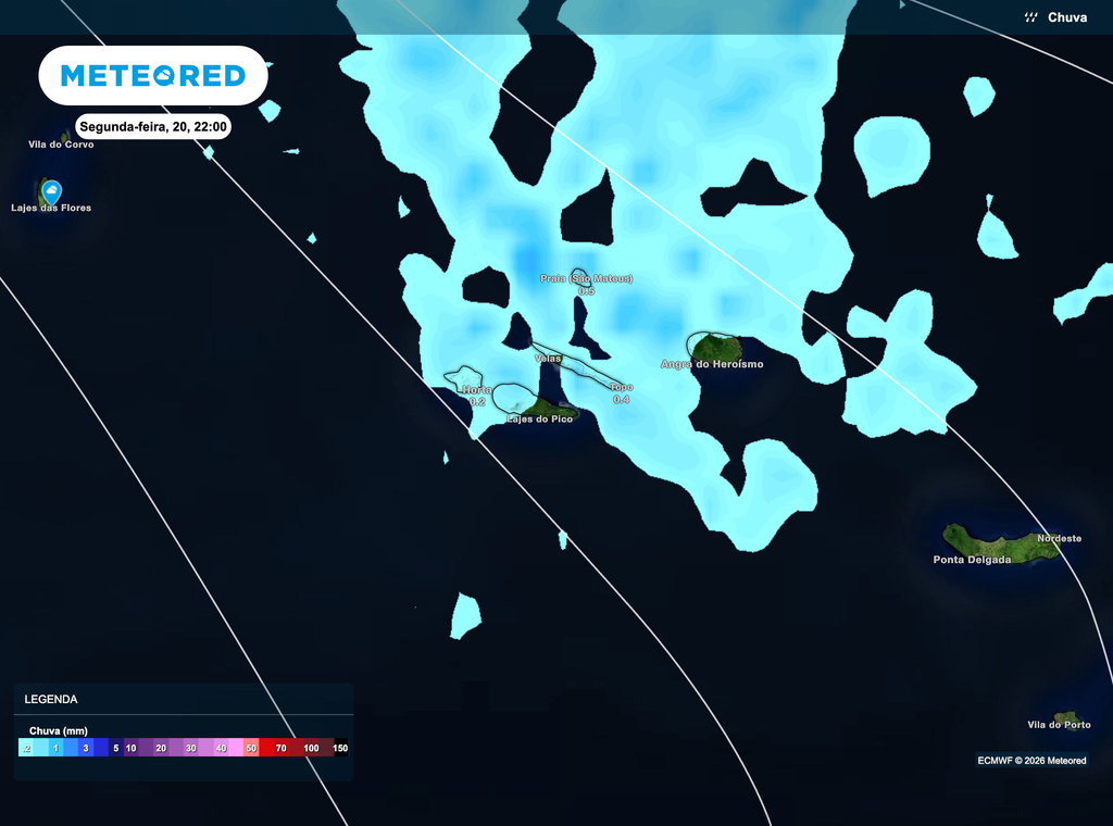 Distribuição da precipitação prevista para segunda-feira à noite, com aguaceiros dispersos associados à aproximação de uma depressão atlântica. A precipitação deverá ser, em geral, fraca a moderada, antecipando um agravamento gradual do estado do tempo.