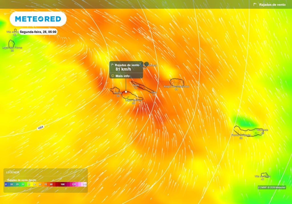 Na segunda-feira, 28 de setembro, prevê-se a possibilidade de as rajadas de vento poderem atingir velocidades superiores a 75 km/h nalguns locais mais expostos do arquipélago dos Açores.