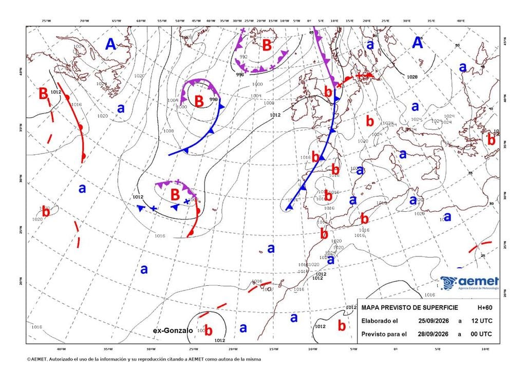 Neste mapa meteorológico é possível observar-se uma depressão (representada pela letra B) a percorrer os Açores, e em torno da qual se desenvolverá um sistema frontal complexo, caracterizado pela presença simultânea de uma frente fria, de uma frente quente e de uma frente oclusa. Fonte: AEMET