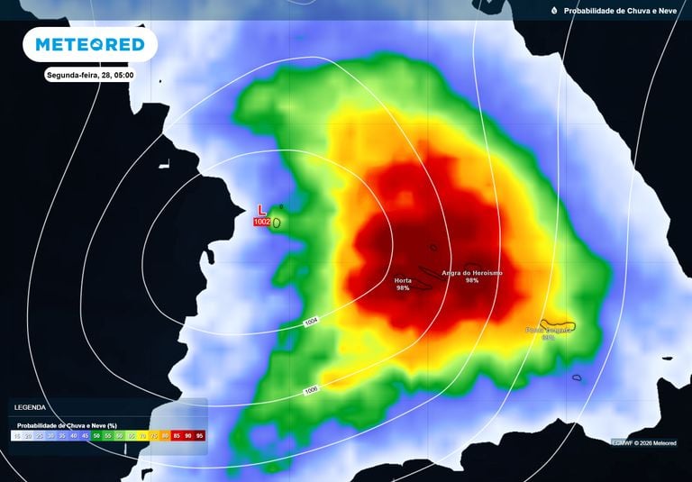 Depress&atilde;o atl&acirc;ntica atinge os A&ccedil;ores entre domingo e segunda-feira: at&eacute; 60 mm de chuva e rajadas superiores a 75 km/h