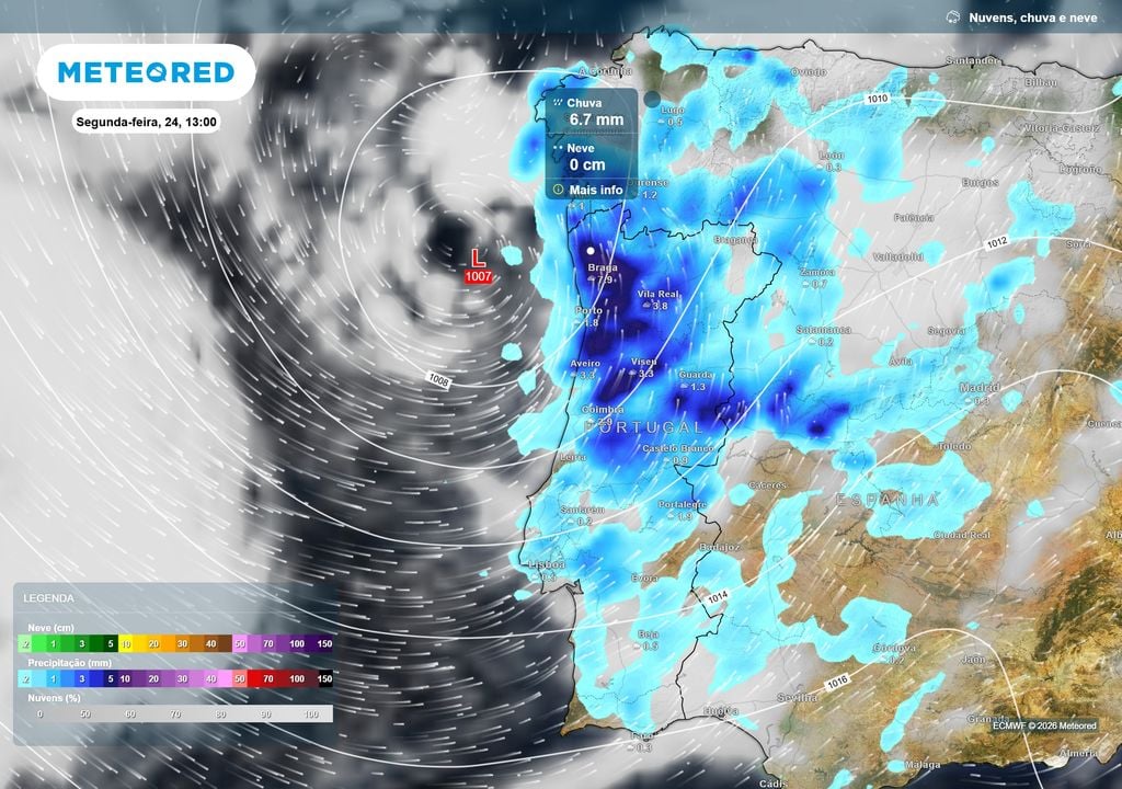 Chuva A aproximação do núcleo depressionário deverá intensificar a precipitação durante a manhã e início da tarde, sobretudo no Norte e Centro, onde a chuva poderá ser mais persistente.
