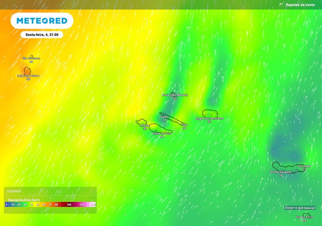 Ao final da tarde de sexta-feira, o vento deverá intensificar-se sobretudo no Grupo Ocidental, com rajadas que poderão aproximar-se dos 60 km/h nas Flores e dos 50 km/h no Corvo.