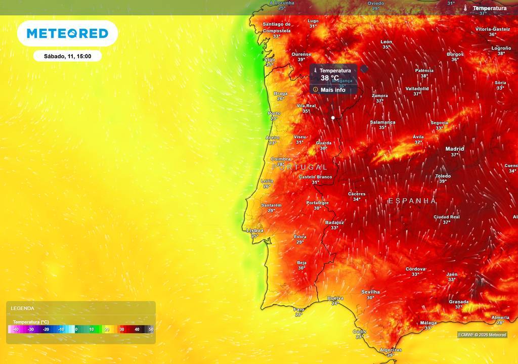 Temperatura No sábado, o calor continua a perder intensidade, sobretudo no Sul, embora o interior Norte permaneça como a região mais quente do país.