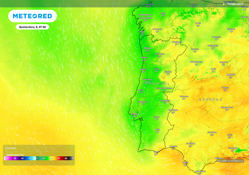 Temperatura A manhã de quinta-feira começa bastante mais fresca, com temperaturas próximas da média climatológica na maior parte do país.