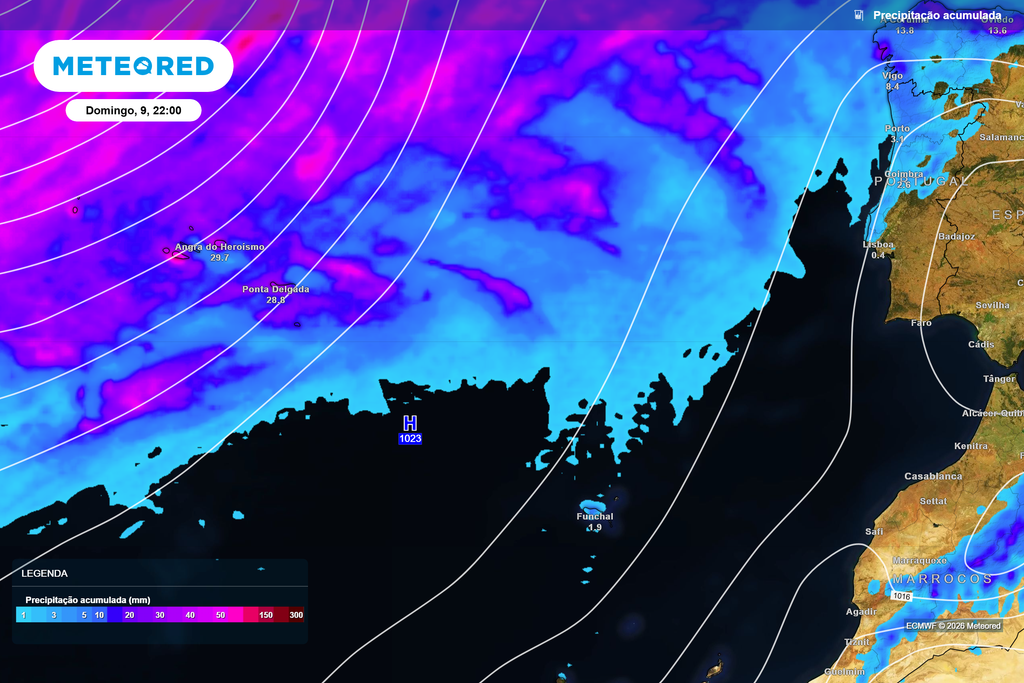Precipitação acumulada (domingo, 9 de agosto, 22h) Precipitação acumulada prevista até domingo, 9 de agosto, às 22h. Os maiores acumulados deverão concentrar-se nos Açores, sobretudo no Grupo Ocidental, enquanto na Madeira apenas são esperados valores residuais.