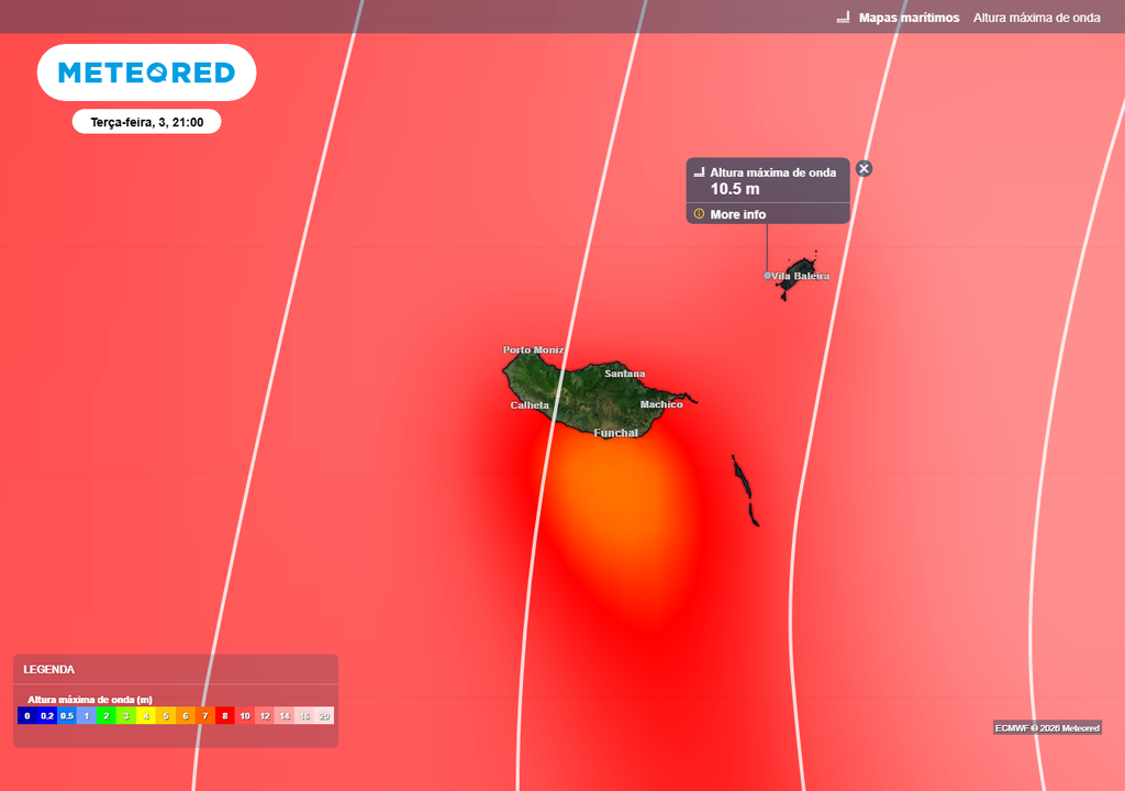 Prevê-se que as ondas atinjam uma altura máxima de 11 metros ao largo da ilha de Porto Santo pelas 21:00 desta terça-feira, 3 de março.