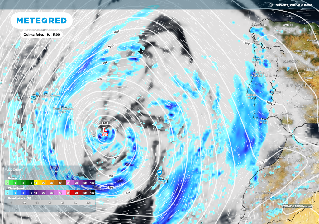 Quinta-feira 19 de março será um dos dias com mais precipitação associada à depressão Therese em Portugal continental, especialmente nas Regiões Centro e Sul. O Norte deverá ser pouco afetado no decurso da semana.
