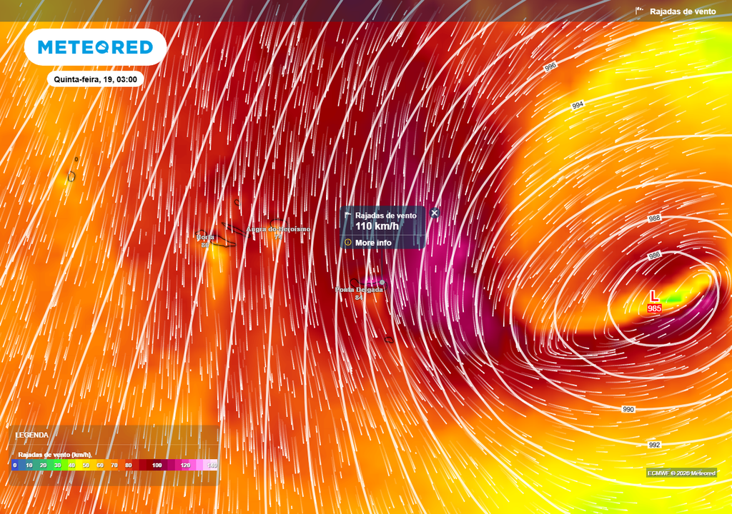 De acordo com a atual previsão do modelo ECMWF, quinta-feira 19 de março, será o dia mais crítico em termos de vento nos Açores, com rajadas até 110 km/h no Grupo Oriental, podendo estes valores ser superados localmente.