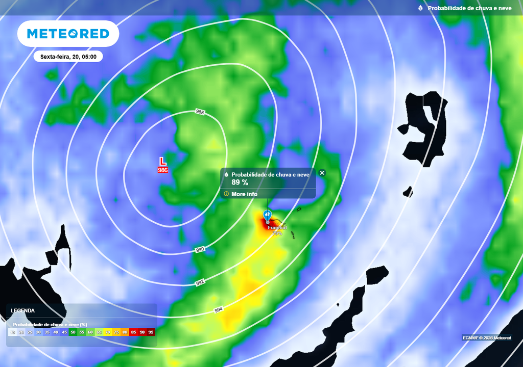 A probabilidade de precipitação aumentará significativamente entre as últimas horas de quinta (19) e as primeiras de sexta (20), especialmente na metade ocidental da ilha da Madeira.