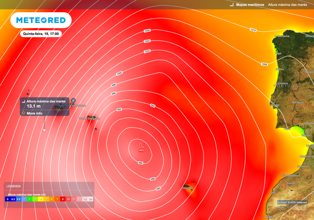 A depressão Therese gera forte agitação marítima no Atlântico Nordeste, com ondulação significativa a afetar diretamente os Açores e a propagar-se gradualmente para leste. As ondas mais elevadas concentram-se na área envolvente do núcleo depressionário, atingindo valores elevados e estendendo-se às zonas costeiras voltadas a oeste, onde se prevê um agravamento do estado do mar.