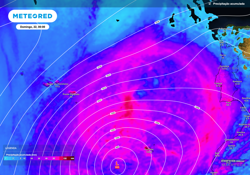 A precipitação associada à depressão Therese deverá intensificar-se ao longo do fim de semana, com uma faixa de chuva mais organizada a atingir Portugal continental. Os maiores acumulados concentram-se no litoral e nas regiões do Norte e Centro, refletindo o transporte de ar húmido de sudoeste e a influência da perturbação atlântica.