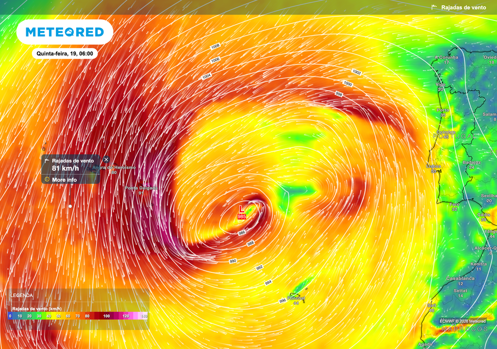A circulação intensa associada à depressão Therese origina vento forte no Atlântico, com rajadas mais elevadas nas imediações do centro da depressão e nos Açores. O gradiente de pressão acentuado favorece uma intensificação do vento de sudoeste, que se estende às áreas oceânicas adjacentes e poderá influenciar progressivamente o estado do tempo em Portugal continental.