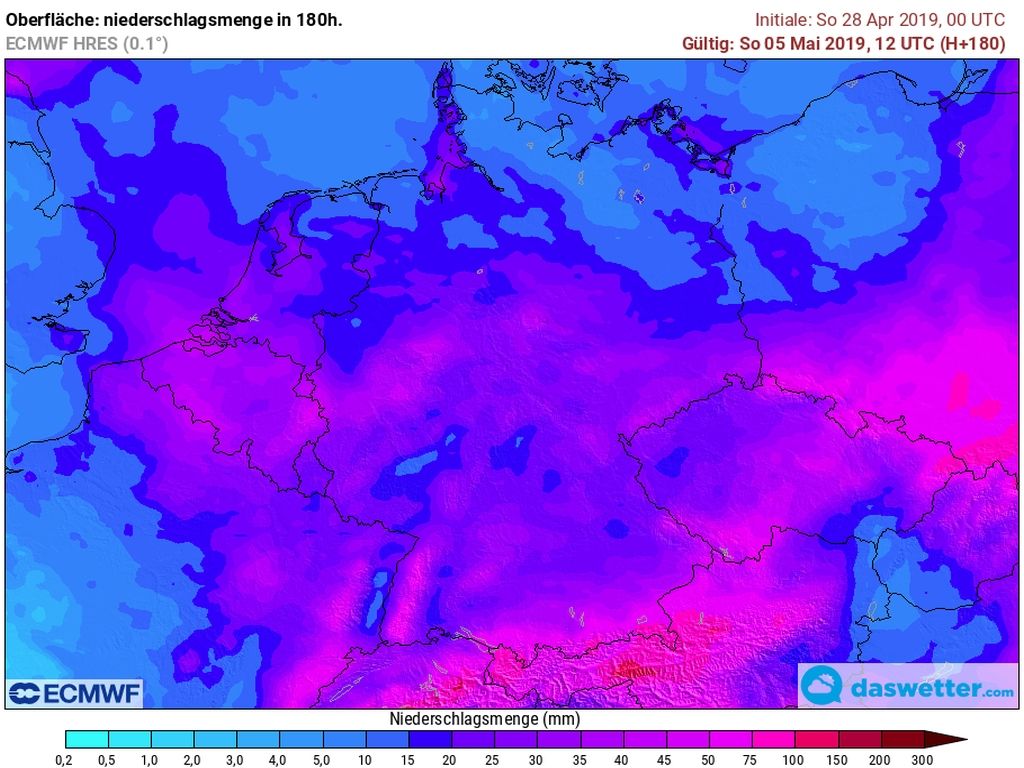 Regensummen bis Sonntag