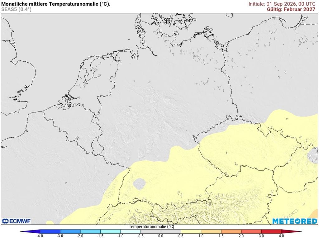 wetter, deutschland, februar Während dder Zember 2026 extrem "zu warm" ausfallen soll, sollen diese positiven Abweichung ab Januar 2027 laut ECMWF deutlich nachlassen. Der Februar 2027 könnte sogar recht "normal" ausfallen.