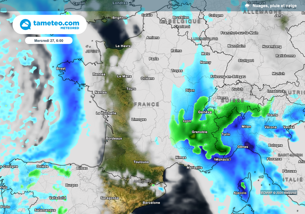 Neige à très basse altitude dans le centre-est de la France la nuit prochaine et demain matin.
