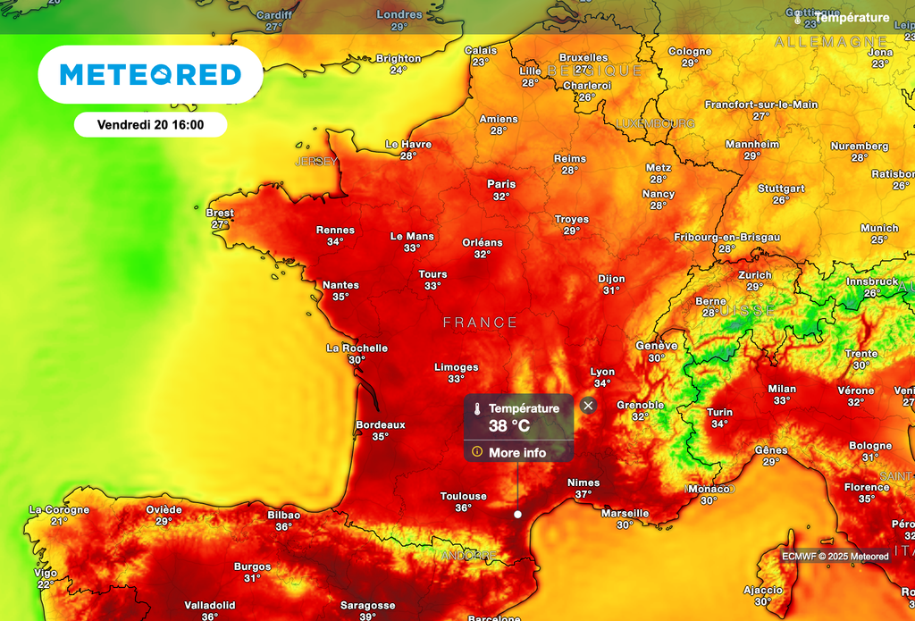 Près de 38 degrés envisagés vendredi après-midi près de la Méditerranée. Près de 38 degrés envisagés vendredi après-midi près de la Méditerranée.