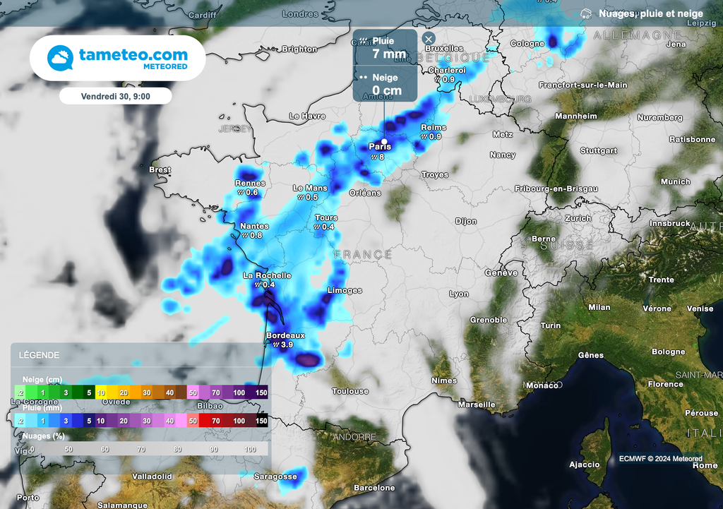 Des pluies localement soutenues attendues dans les régions de l'ouest et du nord-ouest ce vendredi matin. Des pluies localement soutenues attendues dans les régions de l'ouest et du nord-ouest ce vendredi matin.