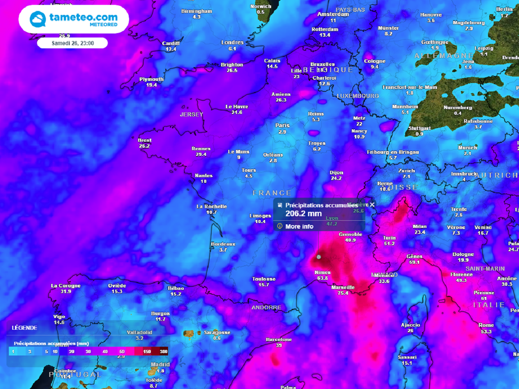 Des pointes à plus de 200 mm en l'espace de 24 heures sont modélisées sur le relief cévenol.