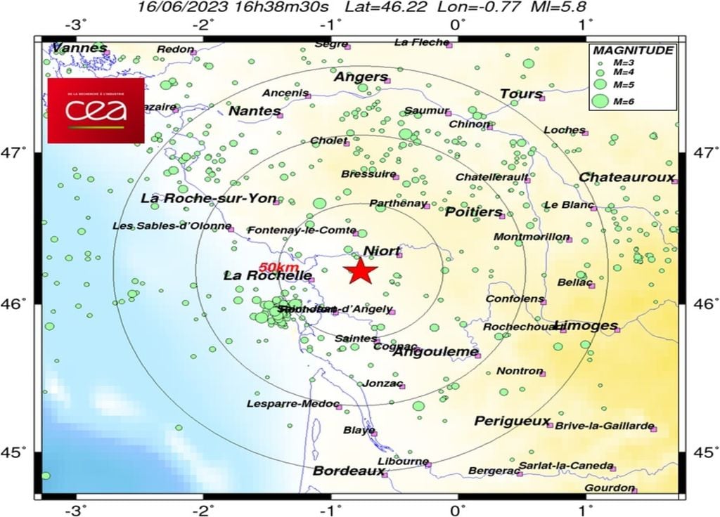 Un séisme d'une magnitude supérieur à 5 a été mesuré ce vendredi 16 juin 2023 en France. Carte issue de : https://www-dase.cea.fr