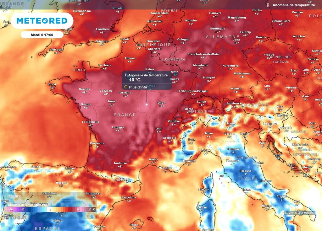 Anomalie de températures mardi après-midi Cela devient une habitude : avec ce nouveau coup de chaud, les températures maximales se retrouveront par endroits mardi après-midi 10°C au-dessus des normales de saison !